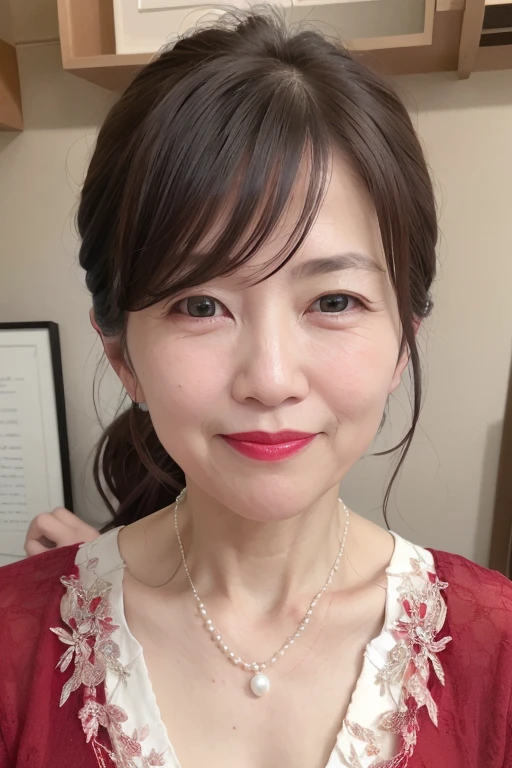 a mature beautiful japanese woman, mature 65 year old woman, mother, beautiful detailed face, beautiful detailed lips, extremely detailed face, long eyelashes, detailed female body, low ponytail, , (full body emphasis), (pearl necklace), (red lipstick), kind smile, admirable woman