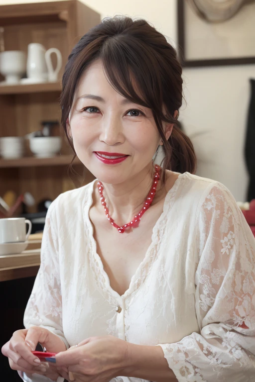 a mature beautiful japanese woman, mature 65 year old woman, mother, beautiful detailed face, beautiful detailed lips, extremely detailed face, long eyelashes, detailed female body, low ponytail, , (full body emphasis), (pearl necklace), (red lipstick), kind smile, admirable woman