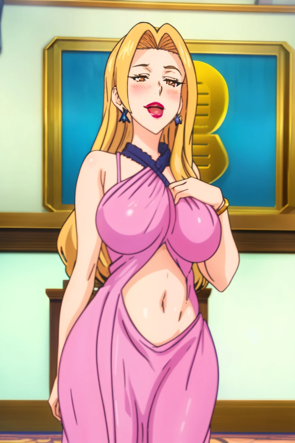 natsume, 1girl, solo, long_hair, blonde_hair, large_breasts, brown_eyes, lips, makeup, hair_intakes, lipstick, , red_lips, blush, mouth open and tongue out, open, masterpiece, best quality, highly detailed, a anime girls in long dress with navel cutout posing for a
picture, evil smile, smile, open mouth, (nsfw) not safe for work, revealing dress, beautiful dress center
opening , long dress with bellybutton showing, ecchi anime style, anime girls, ecchi style, ecchi, digital
anime art!!, in anime style, official artwork, visual novel cg, beautiful anime girl, anime style 4 k, exposed
navel, exposed bellybutton, jewelry, earrings, complex detailed background, casino environment, fancy
interior environment, rich interior,
