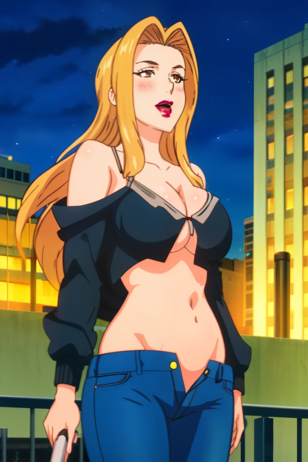 natsume, 1girl, solo, long_hair, blonde_hair, large_breasts, brown_eyes, lips, makeup, hair_intakes, lipstick, , red_lips, blush, outdoors, rooftop, cityscape, building, railing, night, night sky, scenery, moon, city lights, jacket, masterpiece,high quality,4k, bare shoulder,belly,crop top,outdoor,cleavage,jeans,casual
dress,street,road,smile, open mouth, (nsfw) not safe for work, holding a gun,handgun, evil expression,
exposed belly, exposed navel, exposed midriff, exposed lower belly, crop top overhang, underboob,
unbuttoned jeans , low rise black jeans, Low rise jeans, Low rise jeans with open fly,