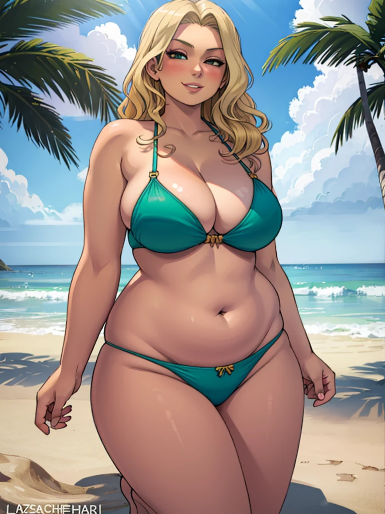 high_aesthetic,art by Lazorchef, ((Masterpiece, best quality, perfect lighting, amazing shading)), perfect anatomy, field of depth, extremely beautiful, long blonde hair, wavy hair, green bikini, cute smile, plump, (cleavage), blushing, beach background, detailed background