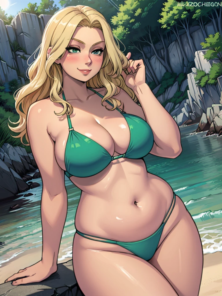 high_aesthetic,art by Lazorchef, ((Masterpiece, best quality, perfect lighting, amazing shading)), perfect anatomy, field of depth, extremely beautiful, long blonde hair, wavy hair, green bikini, cute smile, plump, (cleavage), blushing, beach background, detailed background