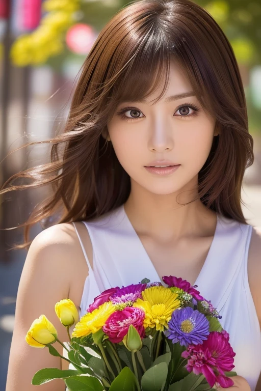 (((Happy holding a bouquet,bouquet, Colorful flowers々, present))),Cinematic dynamic photography,(Ultra realistic, High resolution), (Highly detailed eyes, Highly detailed hair, highly Detailed face, Highly detailed plump lips，Perfect Anatomy),(highest quality:1.4), RAW Photos,(Detailed face: 1.2), (Famous Japanese actresses:1.2)