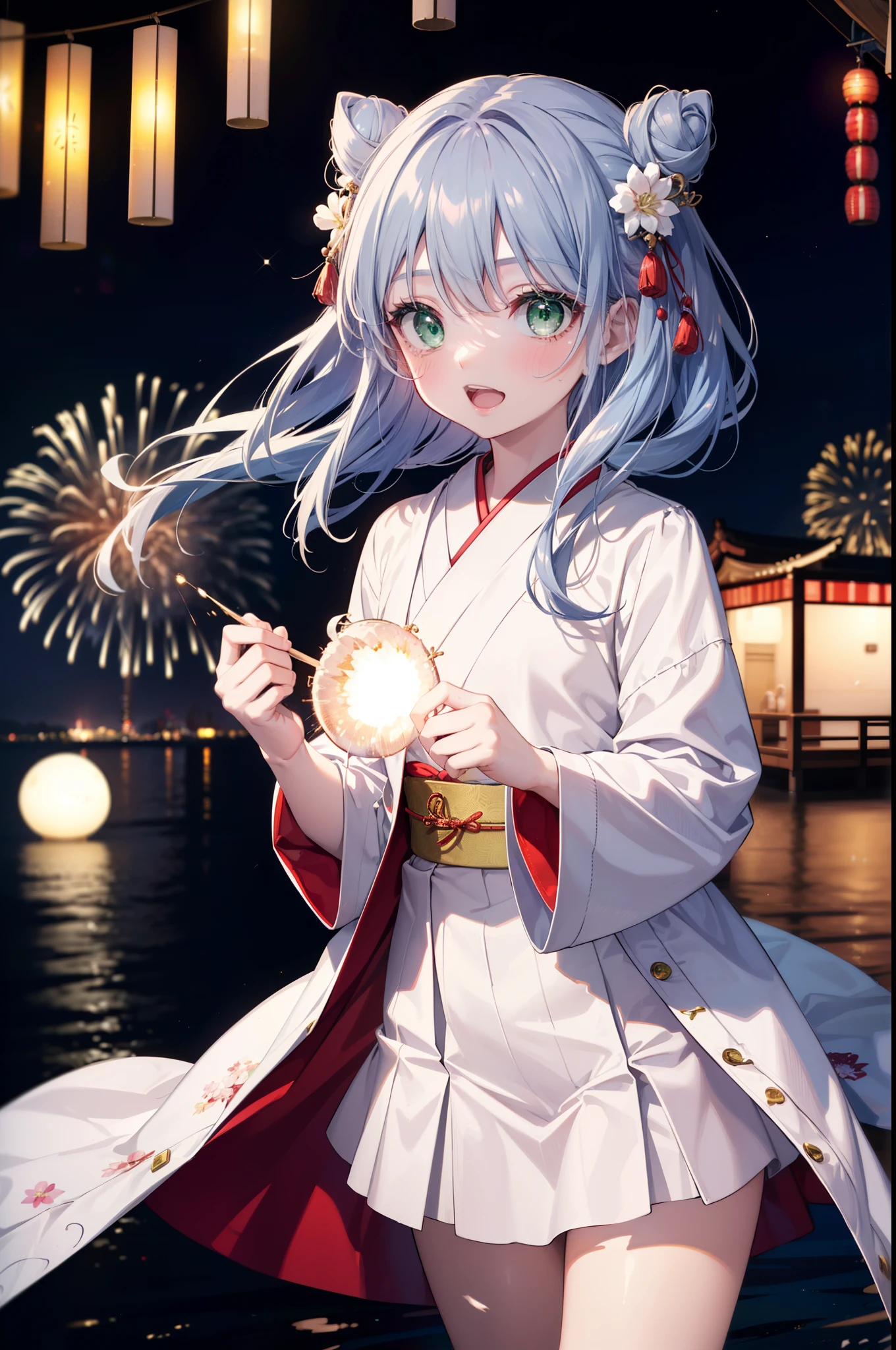 index, index, (Green Eyes:1.5), Blue Hair, Long Hair, (Flat Chest:1.2),smile,blush,Happy atmosphere,Open your mouth,Long Hair,Hair Bun, double Hair Bun,White bathrobe,Long sleeve,mini skirt,Sandals,White tabi,night空の花火,Fireworks display,Japanese Festivals,Summer festival food stalls,Red Lantern, night,whole bodyがイラストに入るように,Looking down from above,He is holding cotton candy in his right hand,
break outdoors, shrine, break looking at viewer,whole body,(Cowboy Shot:1. 5)
break (masterpiece:1.2), highest quality, High resolution, unity 8k wallpaper, (shape:0.8), (Beautiful and beautiful eyes:1.6), Highly detailed face, Perfect lighting, Extremely detailed CG, (Perfect hands, Perfect Anatomy),