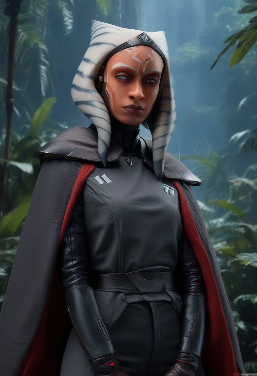 Ahsoka zPDXL, source_anime, BREAK Trilla, helmet with red visor, cape, armor,black gloves,tight bodysuit,black cape,black pants, BREAK close-up, solo, standing, front view, medium breasts, hands on hips, wide hips, BREAK x3dce, 3d, jungle background, dense vegetation, rain, night, night sky,
