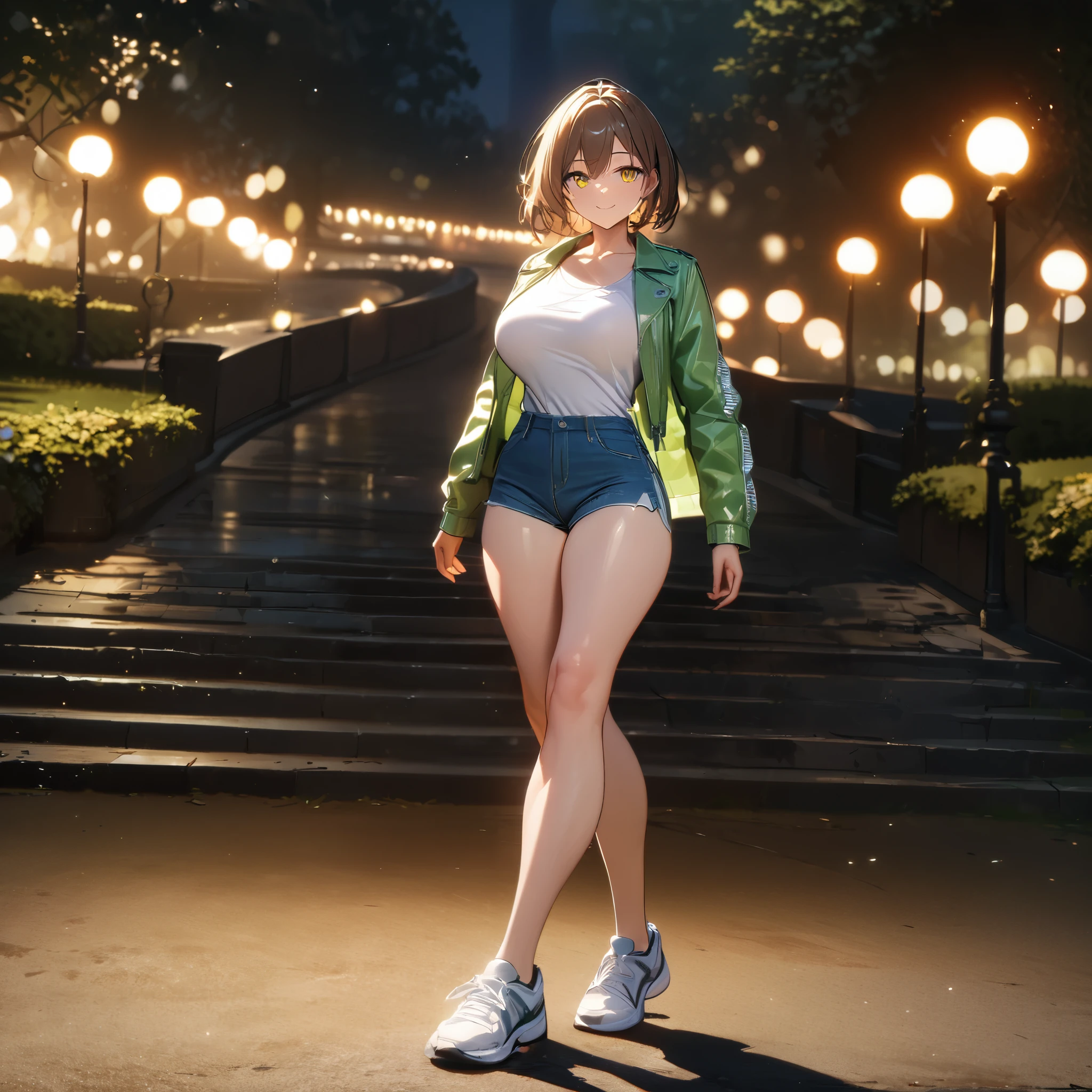 A woman wearing a light green leather jacket, wearing a tight white shirt, short denim shorts, big breast, wearing sports shoes, short brown hair, yellow eyes, smiling, walking in a park at night, with lighting in place, well-defined face, eyes perfect,full body.shadow, flower, UHD, masterpiece, accurate, anatomically correct, textured skin, super detail, high quality, best quality, 8k, high resolution, bokeh effect.( solo woman)
