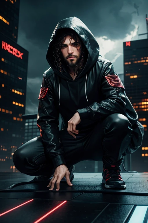 White man with long and curly hair and facial hair stubble, hood up, hacker, cyberpunk theme, crouched on rooftop, in heavy storm
