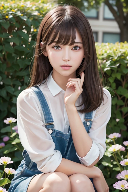 Slim and sharp facial contours、One Girl、(beautiful girl、Delicate girl:1.3)、(22 years old:1.3)、break、(Overalls:1.3)、break、Very beautiful eyes、(Symmetrical eyes:1.3)、break、(Countless flowers、In a colorful flower field:1.3)、Perfectly shaped and anthropomorphic fingers、break、Small breasts、Brown eyes、(((Shortcuts)))、Parted bangs、Brown Hair、break、(Eye and facial details:1.0)、break、(masterpiece、highest quality、Very detailed) 、Detailed face、8k)、Full body view from the knee up、