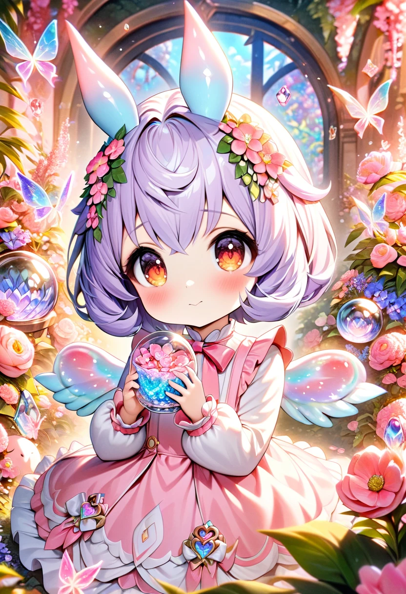 (absurdres, highres, ultra detailed, HDR) master piece, best quality, perfect face, Sigewinne, light-purple hair, expressive orange eyes, genshin impact, small girl, cute, pink dress, pink flowers, glass pink petals, glass pink butterflies, glass garden, glass blossoms, everything made with glass, pink gemstones