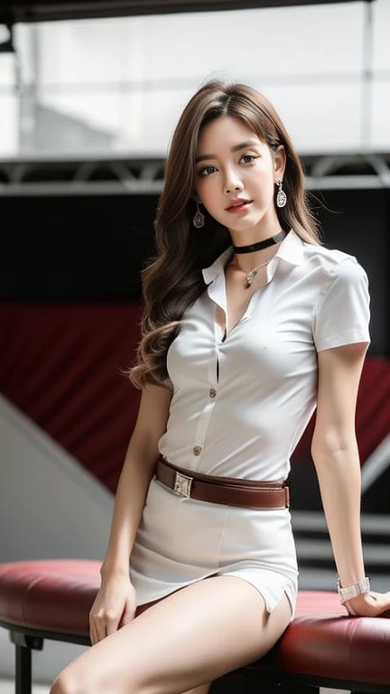 (High resolution 8K, Masterpiece, Only the best quality complicated details Chromatic aberration) realistic ((small breasts)) Hair sprinkled in one eye., Very large round silver earrings worn on the ears.., Diamond choker, necklaceพลอยแดง, medium sized silver necklace, bracelet, Many bracelets, leather strap watch, Anklet, Waist necklace, stilettos, sharp eyes, necklace, (symmetrical eyes), (Perfect symmetrical body), (Photo of a beautiful 19 year old teenage girl..), Beautiful and charming with contemporary fashion paintings as well.., looking at the audience, ((Sitting in the five-tiered red amphitheater behind a large glass room..)), ((black short skirt)),(((tired ((white short sleeve shirt), ( Open the shirt and show off the small breasts.,Soft milk), no bra)), (open chest),)), (Medium soft chest)), (Long square leather belt buckle), Put your hands down, (Light brown golden blonde bob, large spiral curls, (There is some hair covering the face...)), sharp eyeliner, dark eyes, eyelid, Blush with thick eyelashes, Curly eyelashes, Very delicate and beautiful, Sharp focus. elegant. (Spread your legs moderately in the stands.. ) (open legs, Look at the panties..) (open legsของคุณและยกขาซ้ายขึ้น. (natural release) It&#39;s an attractive example., Keep your legs at natural eye level..., separate from each other, black stockings, (University outfit)
