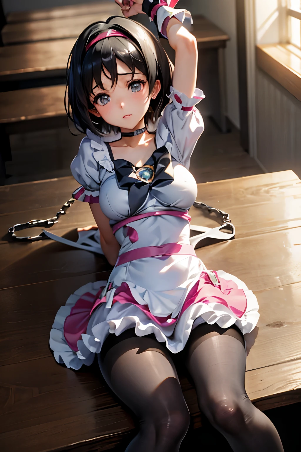 Erica、Pokémon、Black Hair、Short Hair、((Cure Rhythm))、Large Breasts、Jail、One girl、((pantyhose))、(Long gloves)、(first round)、(Chained)、((Crucified on the examination table))、(Being restrained)、Leg spread