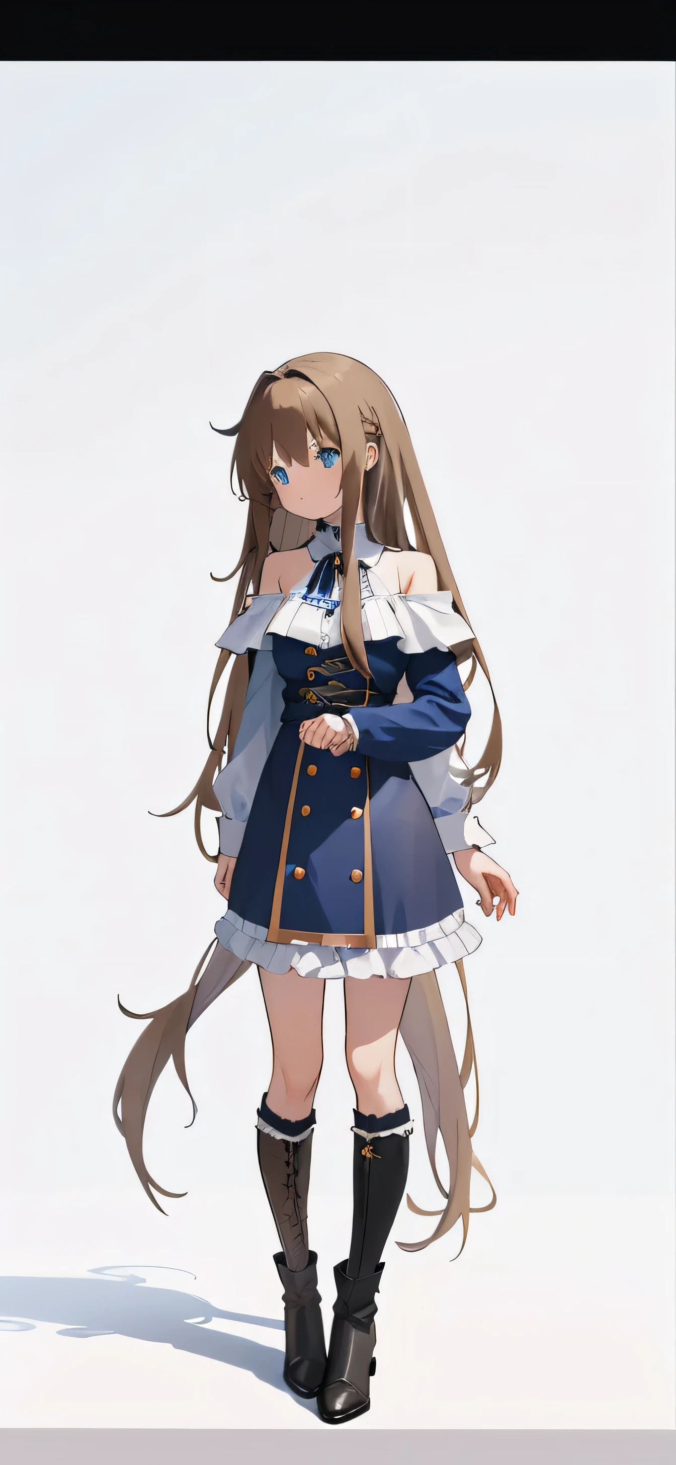 a girl with long white hair, brown hair fading to blue, intelligent pupils, black thigh-high socks, black and blue dress, blue stockings, knee-high socks, boots, long sleeves, ruffles, shoes, off-shoulder, cleavage cutout, large, standing, background shadow, masterpiece, best quality, inspirational, extremely detailed lighting, extremely beautiful and detailed