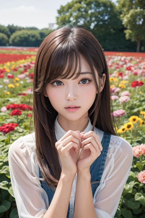 Slim and sharp facial contours、One Girl、(beautiful girl、Delicate girl:1.3)、(22 years old:1.3)、break、(Overalls with no shirt:1.3)、break、Very beautiful eyes、(Symmetrical eyes:1.3)、break、(Countless flowers、In a colorful flower field:1.3)、Perfectly shaped and anthropomorphic fingers、break、Small breasts、Brown eyes、(((Shortcuts)))、Parted bangs、Brown Hair、break、(Eye and facial details:1.0)、break、(masterpiece、highest quality、Very detailed) 、Detailed face、8k)、Full body view from the knee up、