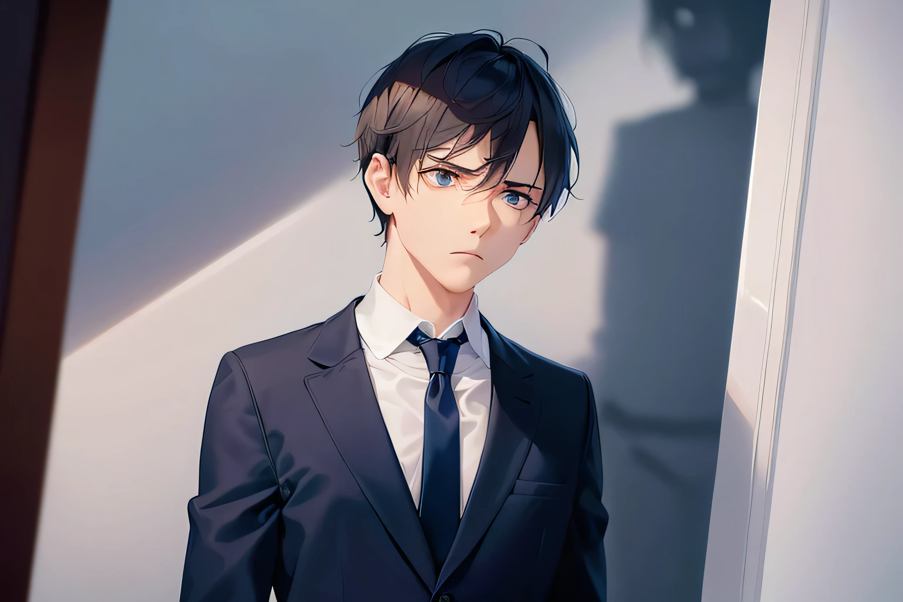 dutch angle, (looking away:2), masterpiece, high quality, 25-year-old man with short black hair and blue eyes, wearing a white shirt, wearing a dark blue tie, (Alone:2), (Expressionless:2), The background is a dark blue closet, bold composition, dark lighting, subject on left side of picture, subject looking to right of picture, expressionless male, dark blue hue, meek male, rolled up white sleeves, male in closet, dark shadows, windowless
