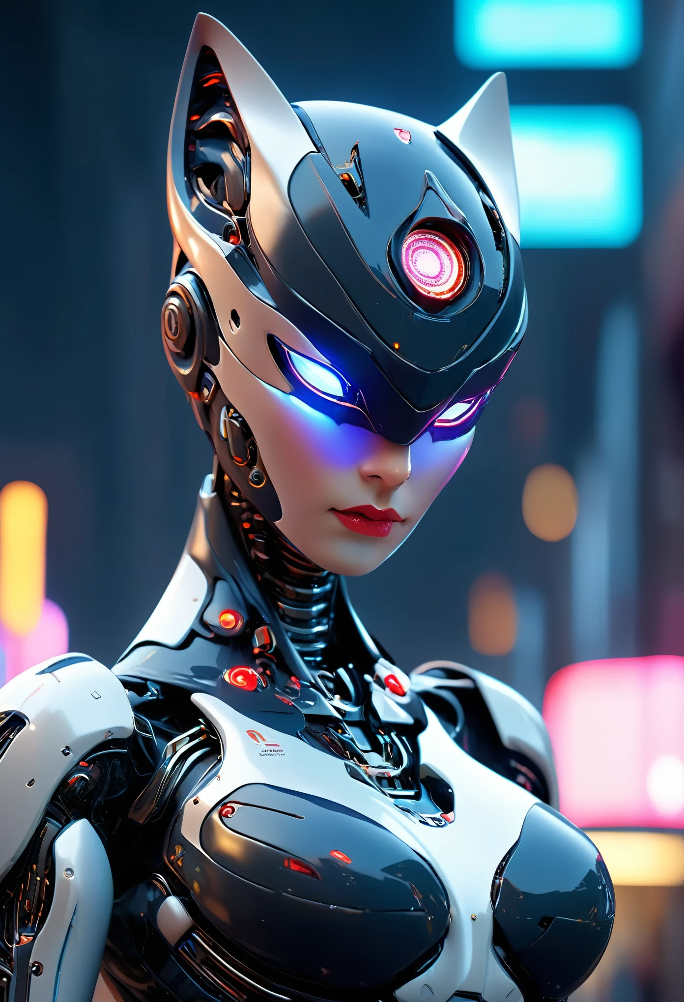 (best quality,4k,8k,highres,masterpiece:1.2),ultra-detailed,(realistic,photorealistic,photo-realistic:1.37), a beautiful android girl with cat eyes, 1girl, detailed face, detailed eyes, detailed lips, long eyelashes, porcelain skin, mecha, futuristic, cyberpunk, neon city, glowing cybernetic implants, iridescent, highly detailed, cinematic lighting, octane render, 8k, photorealistic