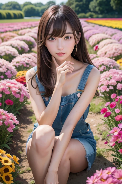 Slim and sharp facial contours、One Girl、（beautiful girl、Delicate girl：1.3）、（22 years old：1.3）、break、（Naked and in overalls：1.3）、break、Very beautiful eyes、（Symmetrical eyes：1.3）、break、（Countless flowers、In a colorful flower field:1.3)、Perfectly shaped and anthropomorphic fingers、break、Small breasts、Brown eyes、(((Shortcuts)))、Parted bangs、Brown Hair、break、(Eye and facial details:1.0)、break、(masterpiece、highest quality、Very detailed) 、Detailed face、8k）、Full body view from the knee up、