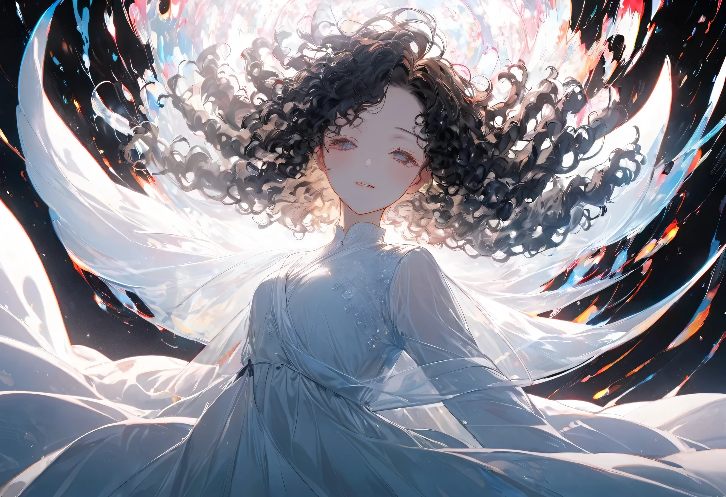 (double exposure:1.2 white-silhouette:1.4) (solo curly:1.3 hair long hairl princess girl, closed soft eyes), (open arms with blood), (in a long exposure:1.4 light:1.4 body), BREAK, (float in the white), (master piece, best quality, 16k).