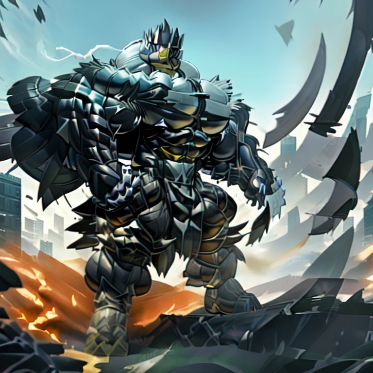 (Urshifu), 8K, Masterpiece, highres, black visor, Detailed head, Detailed Body, full body, BLACK color, Detailed abs, wearing crNanosuit,
(masterpiece, best quality, detailed:1.2), (nj5furry), (medieval armor) sparkling skin, Vibrant colors, 4K,
Its full plate armor emphasizes the muscles. big muscle (pecs, triceps, traps) unusually developed muscular body, body full of huge muscles. showing off muscles, pectorales enormes. Exaggeratedly huge muscles. Gigachad Muscular, Very muscular, Large pecs, Spread wings, It has wings. have big wings. has 10 large wings. It has large golden wings. The feathers on its wings are detailed and realistic. FULL BODY, giant, huge body, long legs, gigantic, City background, skyscraper, futuristic city, super hero, hero, massive muscles, huge pecs, chiseled abs, huge pectorals, exaggeratedly huge muscles. METALLIC, shine like metal,