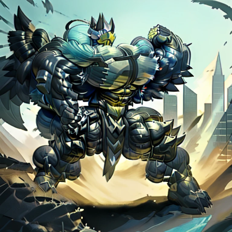(Urshifu), 8K, Masterpiece, highres, black visor, Detailed head, Detailed Body, full body, BLACK color, Detailed abs, wearing crNanosuit,
 (masterpiece, best quality, detailed:1.2), (nj5furry), (medieval armor)  sparkling skin, Vibrant colors, 4K,
Its full plate armor emphasizes the muscles. big muscle (pecs, triceps, traps) unusually developed muscular body, body full of huge muscles. showing off muscles, pectorales enormes. Exaggeratedly huge muscles. Gigachad Muscular, Very muscular, Large pecs, Spread wings, It has wings. have big wings. has 10 large wings. It has large golden wings. The feathers on its wings are detailed and realistic. FULL BODY, giant, huge body, long legs, gigantic, City background, skyscraper, futuristic city, super hero, hero, massive muscles, huge pecs, chiseled abs, huge pectorals, exaggeratedly huge muscles. METALLIC, shine like metal,