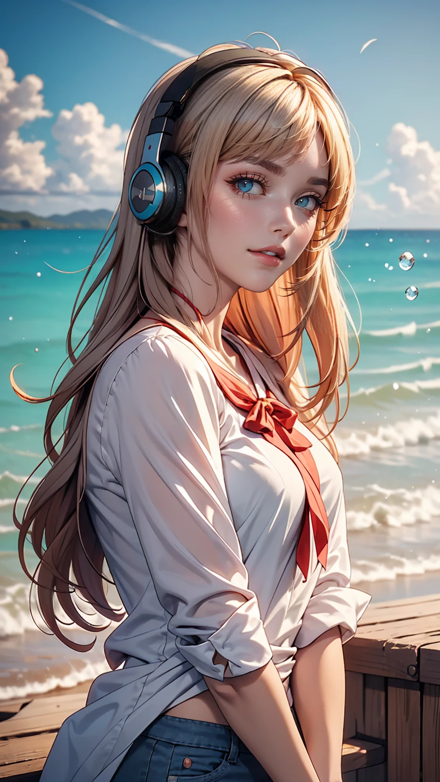 uta (one piece), There is eiichirou,, , One girl, :d, bangs, blue ribbon, diamond-shaped pupils, diamond (shape), Hair between the eyes, Headphones, Long Hair, multicoloRedhead, Open your mouth, Purple eyes, Redhead, ribbon, shirt, sign, No sleeve, No sleeve shirt, smile, alone, ((Split Color Hair)), symbol-shaped pupils, Gray Hair, white shirt, Ocean, One eye is covered, watercolor,, ,
