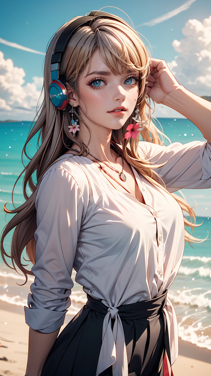 uta (one piece), There is eiichirou,, , One girl, :d, bangs, blue ribbon, diamond-shaped pupils, diamond (shape), Hair between the eyes, Headphones, Long Hair, multicoloRedhead, Open your mouth, Purple eyes, Redhead, ribbon, shirt, sign, No sleeve, No sleeve shirt, smile, alone, ((Split Color Hair)), symbol-shaped pupils, Gray Hair, white shirt, Ocean, One eye is covered, watercolor,, ,
