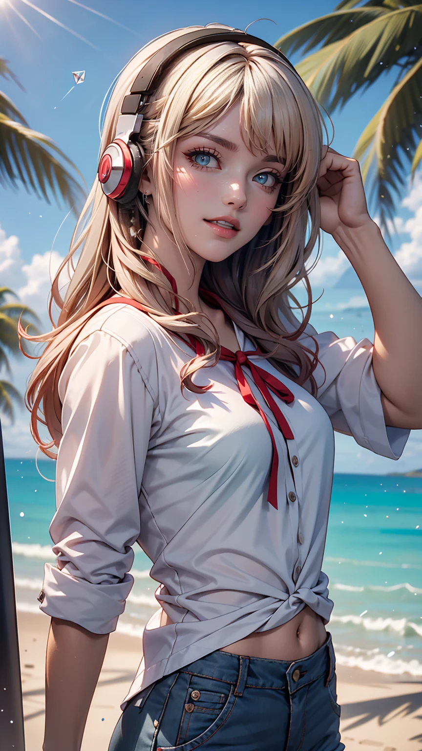 uta (one piece), There is eiichirou,, , One girl, :d, bangs, blue ribbon, diamond-shaped pupils, diamond (shape), Hair between the eyes, Headphones, Long Hair, multicoloRedhead, Open your mouth, Purple eyes, Redhead, ribbon, shirt, sign, No sleeve, No sleeve shirt, smile, alone, ((Split Color Hair)), symbol-shaped pupils, Gray Hair, white shirt, Ocean, One eye is covered, watercolor,, ,