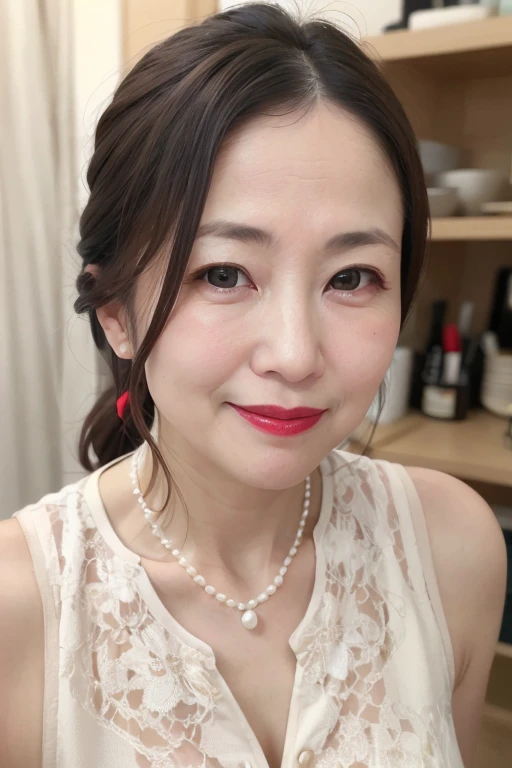 mature beautiful japanese woman, 55 year old mature woman, Mother, Beautifully detailed face, Beautiful lip detail, Highly detailed face, Long eyelashes, Detailed female body, Low Ponytail, Cleavage, ((Full body emphasis)), (Pearl Necklace), (Red lipstick), A kind smile, Wink