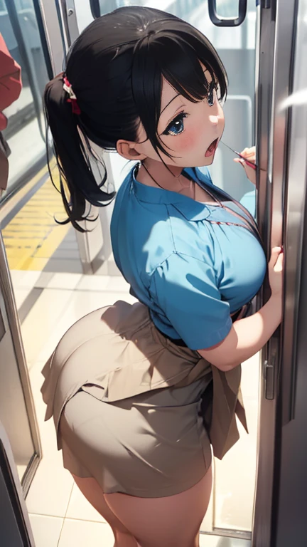 8k, High resolution, Highly detailed face, Super-exquisite eye masterpiece, highest quality,f cup breasts、blush:1.4,Big Ass、 girl with beautiful face giving blowjob、Thighs、(Thighsに射精、Cum on waist from side:1.6, Ejaculating from above on a skirt:1.6)、Sticking her butt out to viewers on the train、