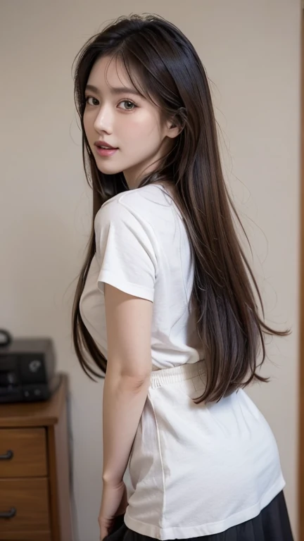 Inner hair color, Brown eyes, Long eyelashes, Excited, Ahegao, Redhead, Very long hair, Twin tails, Surrealism, First Person View, Anatomically correct, Textured skin, Super detailed, High resolution、A woman in a white shirt and black skirt poses for a photograph、Large mouth