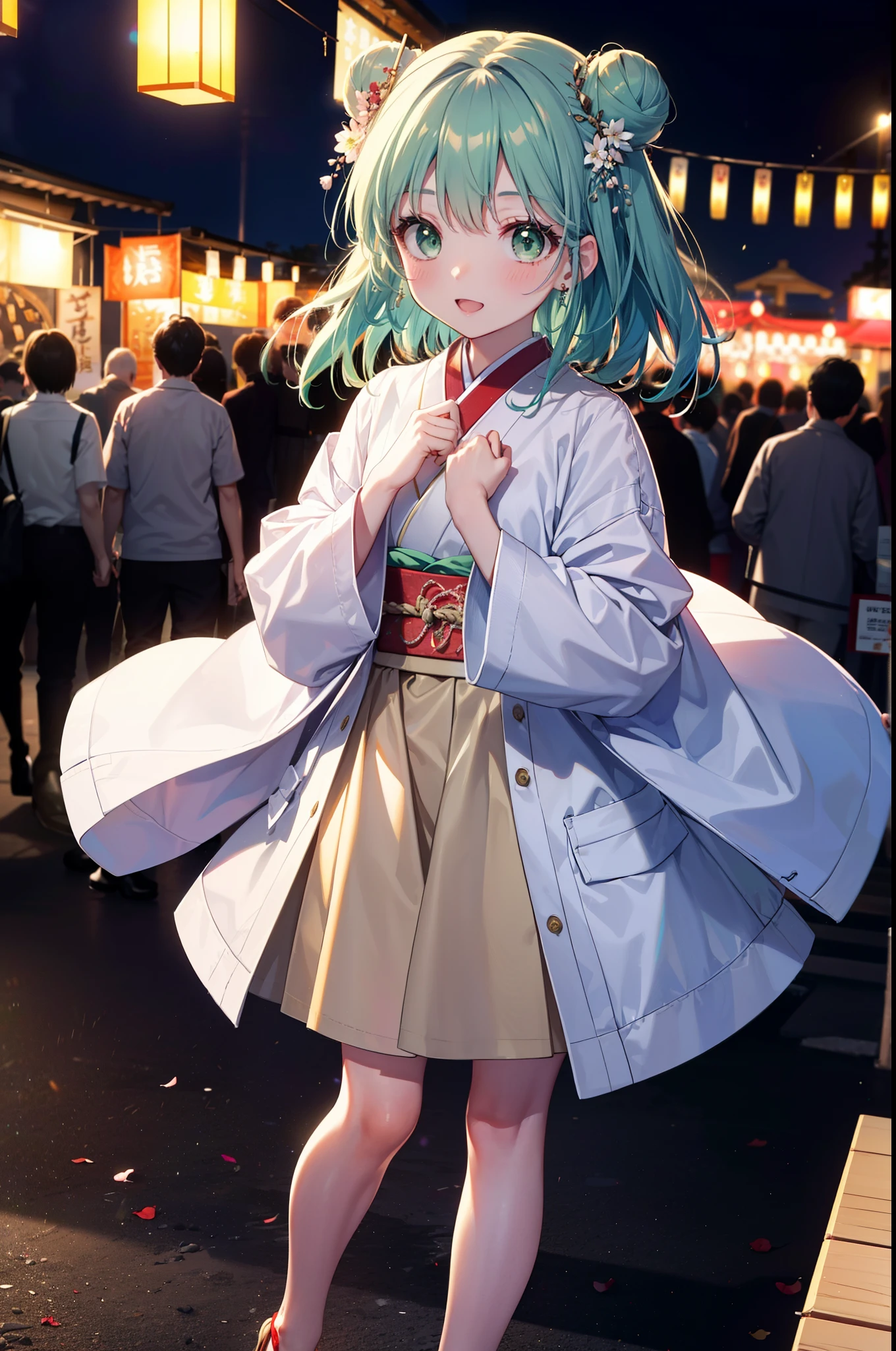 index, index, (Green Eyes:1.5), Blue Hair, Long Hair, (Flat Chest:1.2),smile,blush,Happy atmosphere,Open your mouth,Long Hair,Hair Bun, double Hair Bun,White bathrobe,Long sleeve,mini skirt,Sandals,White tabi,night空の花火,Fireworks display,Japanese Festivals,Summer festival food stalls,Red Lantern, night,whole bodyがイラストに入るように,Looking down from above,He is holding cotton candy in his right hand,
break outdoors, shrine, break looking at viewer,whole body,(Cowboy Shot:1. 5)
break (masterpiece:1.2), highest quality, High resolution, unity 8k wallpaper, (shape:0.8), (Beautiful and beautiful eyes:1.6), Highly detailed face, Perfect lighting, Extremely detailed CG, (Perfect hands, Perfect Anatomy),