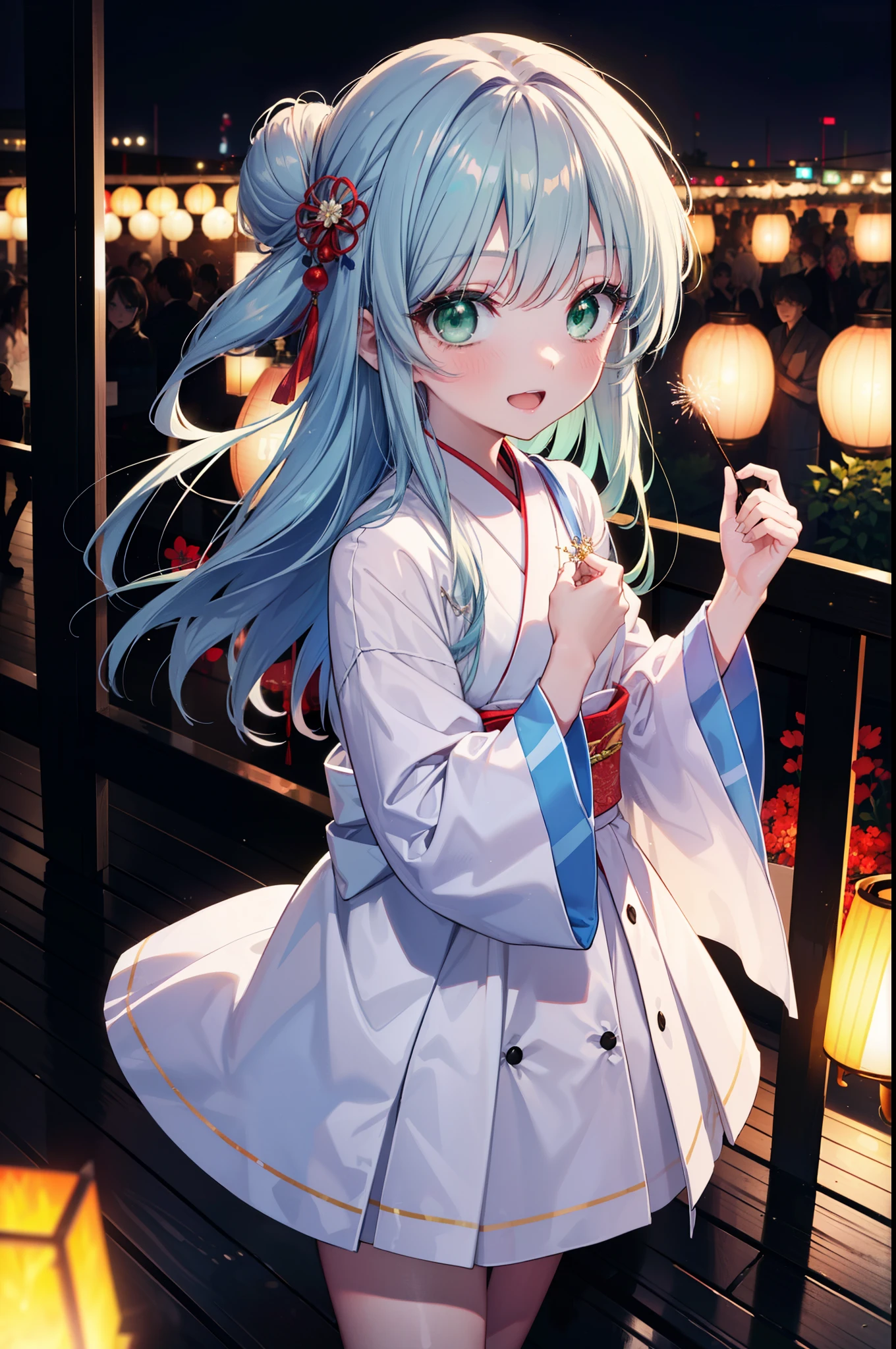 index, index, (Green Eyes:1.5), Blue Hair, Long Hair, (Flat Chest:1.2),smile,blush,Happy atmosphere,Open your mouth,Long Hair,Hair Bun, double  Hair Bun,White bathrobe,Long sleeve,mini skirt,Sandals,White tabi,night空の花火,Fireworks display,Japanese Festivals,Summer festival food stalls,Red Lantern, night,whole bodyがイラストに入るように,Looking down from above,He is holding cotton candy in his right hand,
break outdoors, shrine,                                              break looking at viewer,whole body,(Cowboy Shot:1. 5)
break (masterpiece:1.2), highest quality, High resolution, unity 8k wallpaper, (shape:0.8), (Beautiful and beautiful eyes:1.6), Highly detailed face, Perfect lighting, Extremely detailed CG, (Perfect hands, Perfect Anatomy),