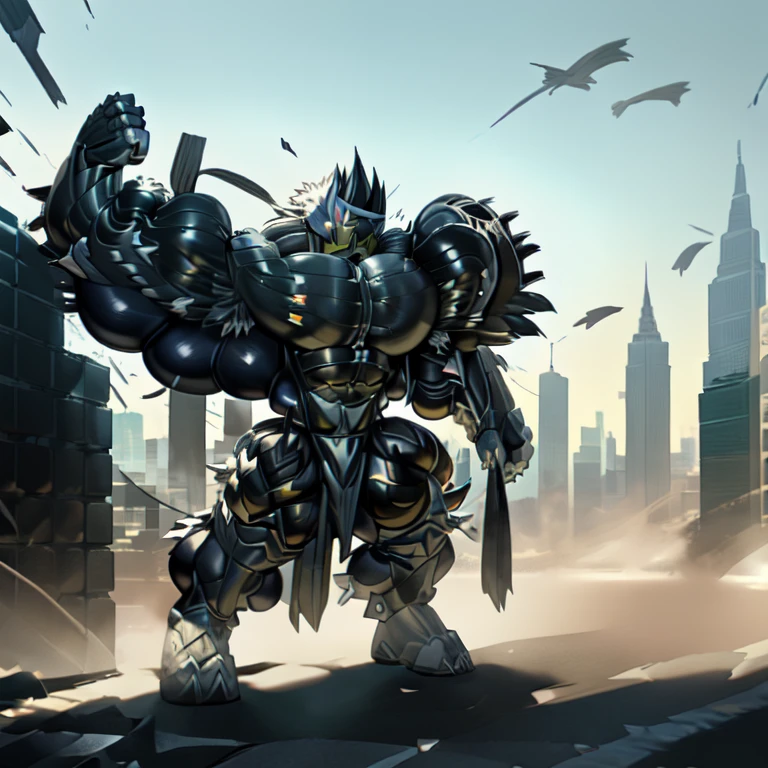 (Urshifu), 8K, Masterpiece, highres, black visor, Detailed head, Detailed Body, full body, BLACK color, Detailed abs, wearing crNanosuit,
(masterpiece, best quality, detailed:1.2), (nj5furry), (medieval armor) sparkling skin, Vibrant colors, 4K,
Its full plate armor emphasizes the muscles. big muscle (pecs, triceps, traps) unusually developed muscular body, body full of huge muscles. showing off muscles, pectorales enormes. Exaggeratedly huge muscles. Gigachad Muscular, Very muscular, Large pecs, Spread wings, It has wings. have big wings. has 10 large wings. It has large golden wings. The feathers on its wings are detailed and realistic. FULL BODY, giant, huge body, long legs, gigantic, City background, skyscraper, futuristic city, super hero, hero, massive muscles, huge pecs, chiseled abs, huge pectorals, exaggeratedly huge muscles. METALLIC, shine like metal,