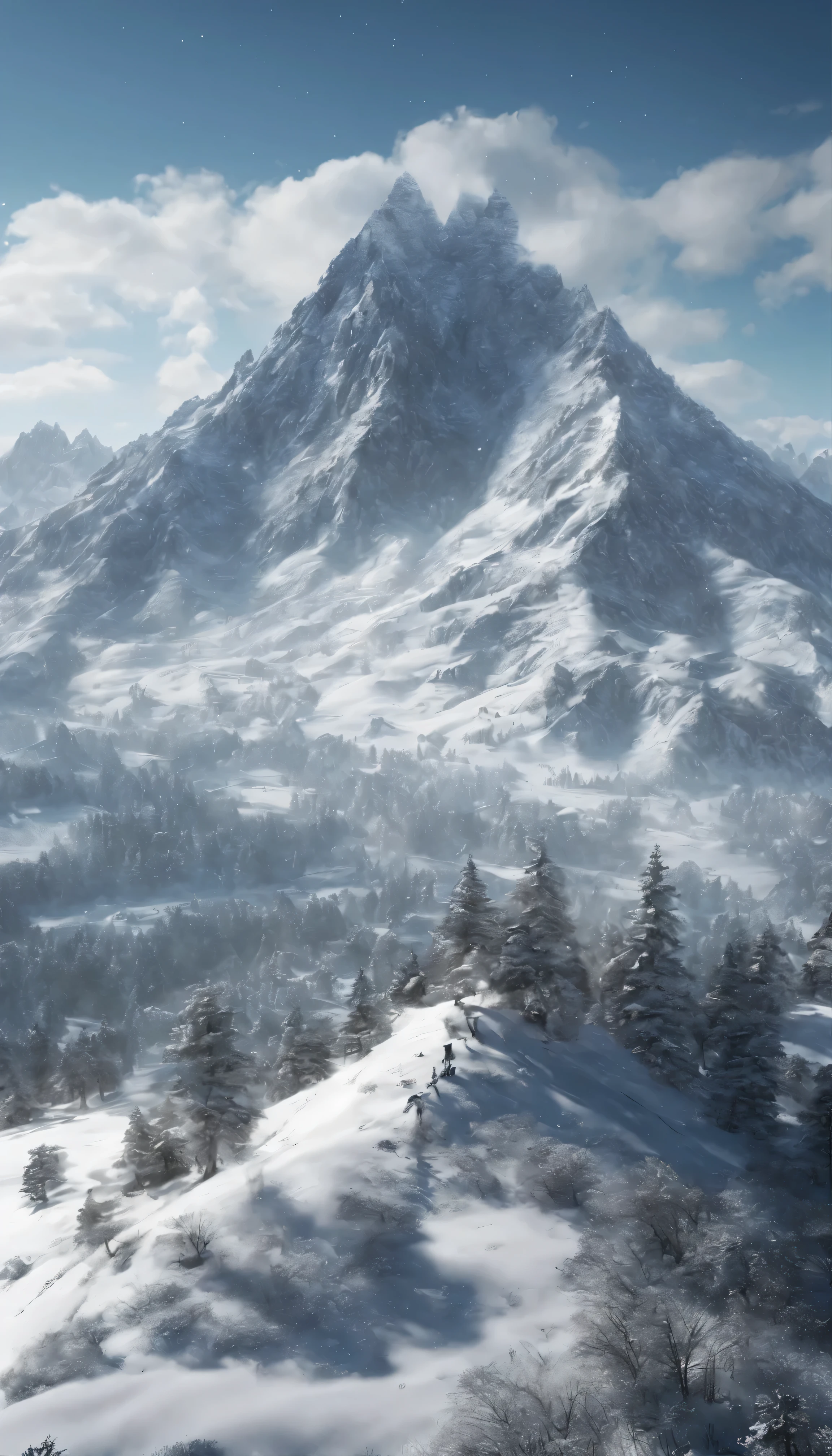 Majestic Mountain valley landscape decorated with pines gracefully nestled at the foot of the mountain peaks、It features snow-capped mountain peaks shining under the cinematic lights.。This highly detailed 8K scene is beautifully rendered in Octane.、Boasts intricate, highly detailed elements that create a hyper-realistic atmosphere。The landscape is illuminated with HDR lighting.、Realistic shadows are elegantly cast across the terrain.、Enhances depth and three-dimensionality。Mountain、snow、The intricate details of the bark are beautifully highlighted.、It produces photorealistic images that are nearly indistinguishable from reality.。This art piece is trending