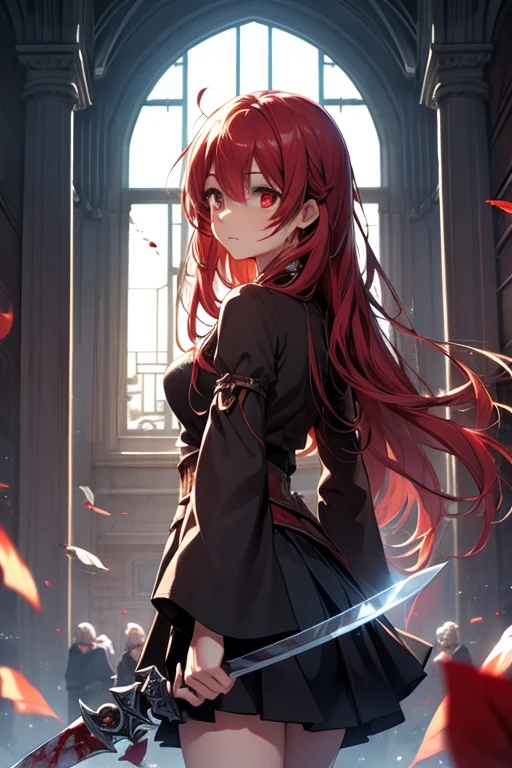 masterpiece, best quality, Ultra-high quality CG, Elijah I, 1 girl, Solitary, Red long hair, Looking at the audience, skirt, Wide sleeves, black skirt, Blood-red, wielding a sword, frenzy, blood, red eyes