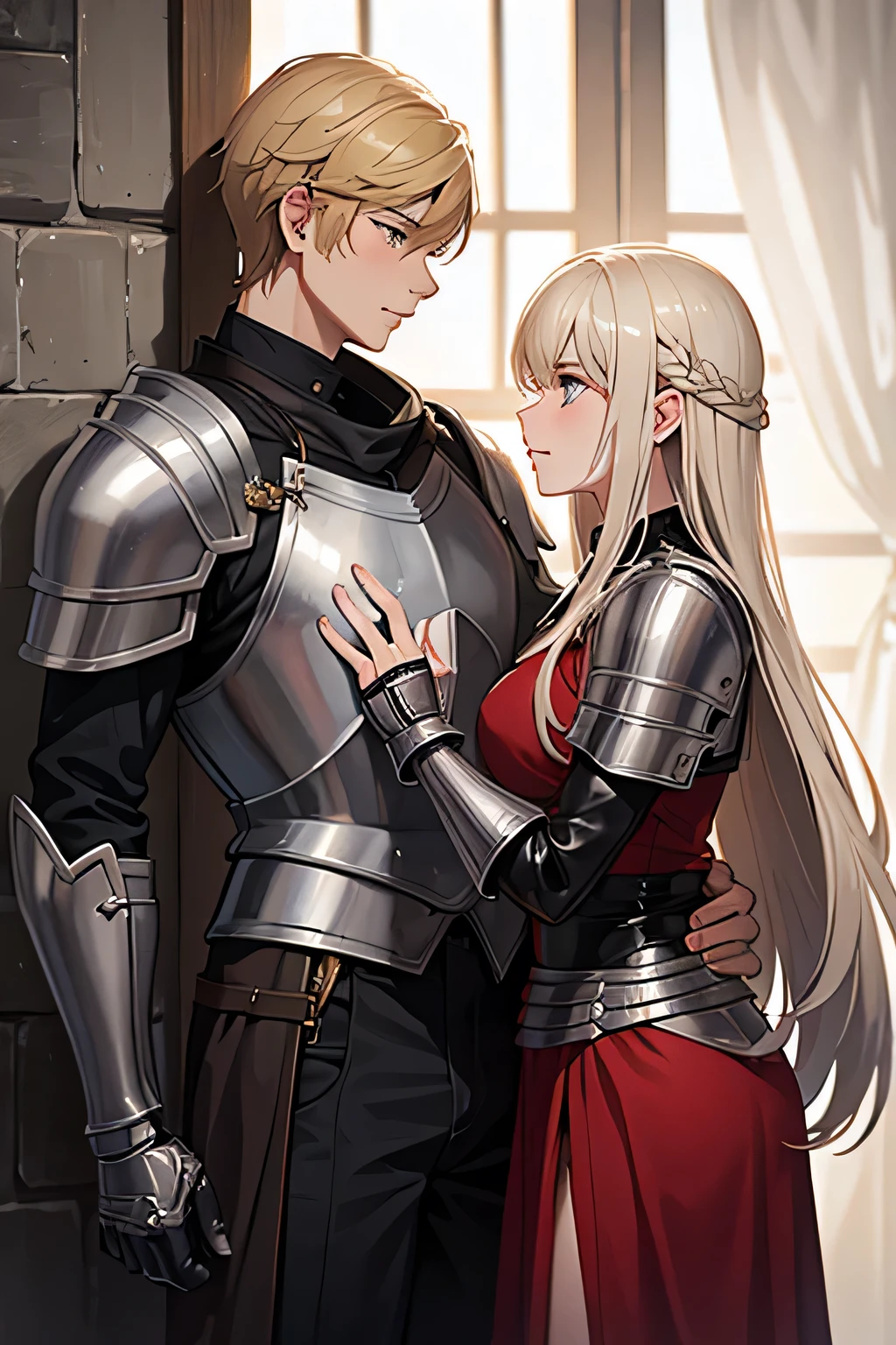 17 year old male youth in armor, besando a una mujer rubia.