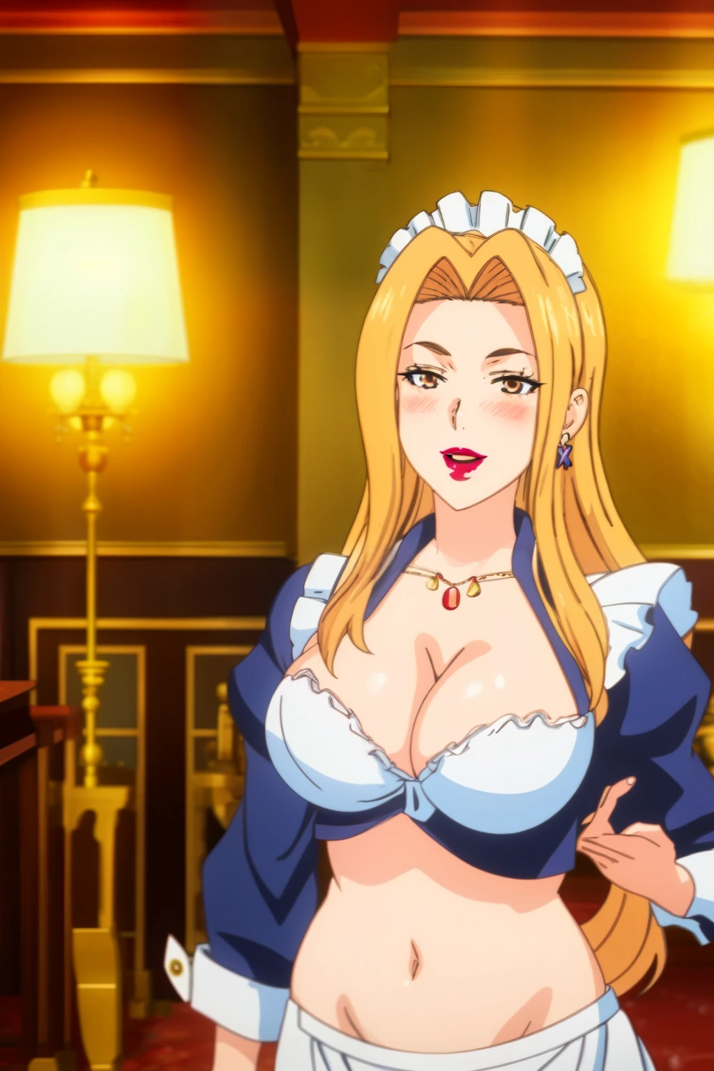 natsume, 1girl, solo, long_hair, blonde_hair, large_, brown_eyes, lips, makeup, hair_intakes, lipstick, , red_lips, blush,  jewelry, earrings, complex detailed background, casino environment, fancy interior environment, rich
interior, masterpiece, best quality, highly detailed, a anime girls in maid uniforms with a gun posing for a
picture, maid outfit, cleavagsmile, smile, open mouth ,ecchi anime stynime girls, ecchi style,
ecchi, al anime art! anime style, official artwork, (nsfw) not safe for work, beautiful anime maid
girl, anime style 4 k, micro skirt, exposed belly, exposed navel, exposed midriff, exposed lower belly,
holding a gun