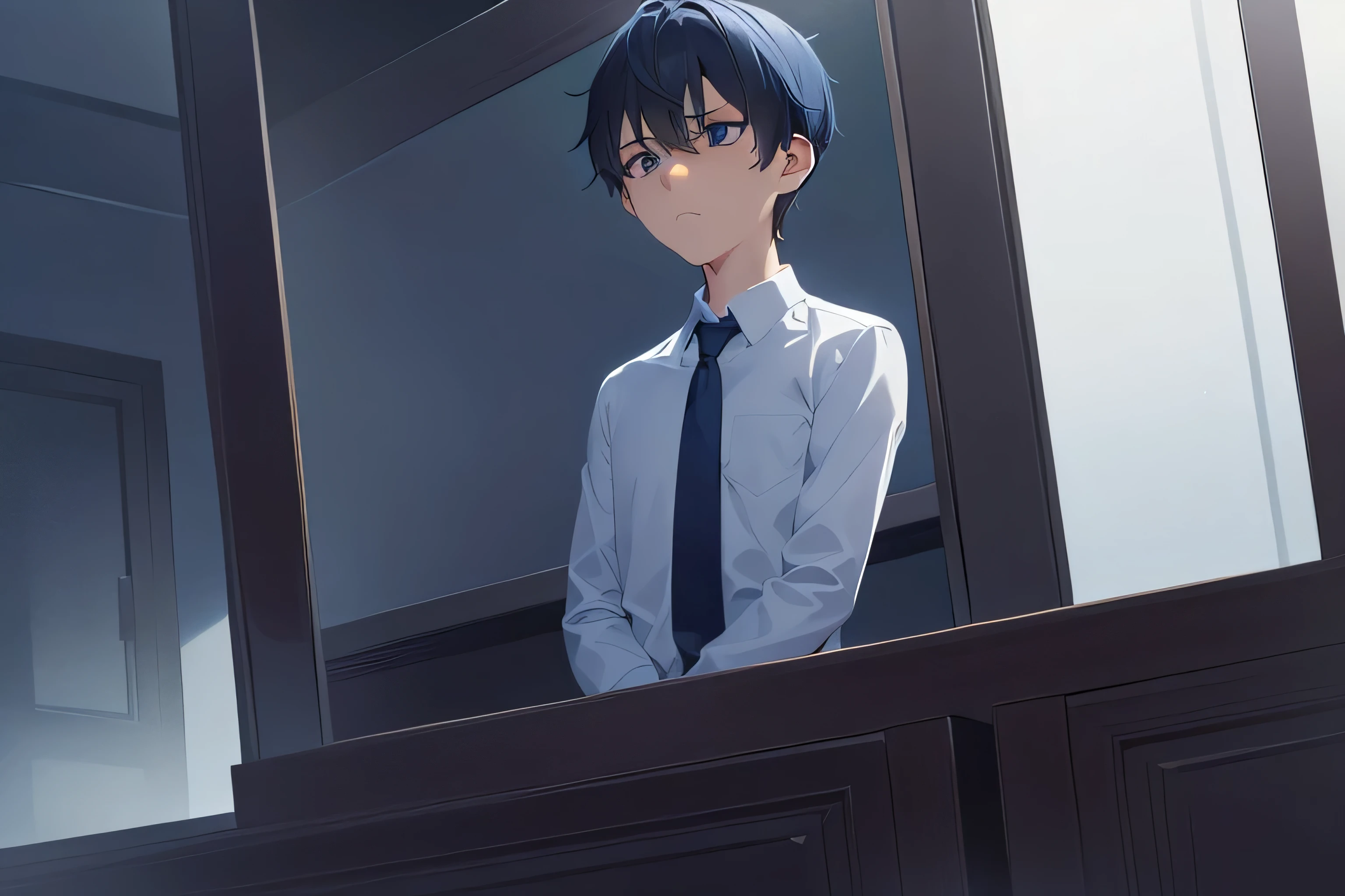 dutch angle, (looking away:2), masterpiece, high quality, 25-year-old man with short black hair and blue eyes, wearing a white shirt, wearing a dark blue tie, (Alone:2), (Expressionless:2), The background is a dark blue closet, bold composition, dark lighting, subject on left side of picture, subject looking to right of picture, expressionless male, dark blue hue, meek male, rolled up white sleeves, male in closet, dark shadows, windowless