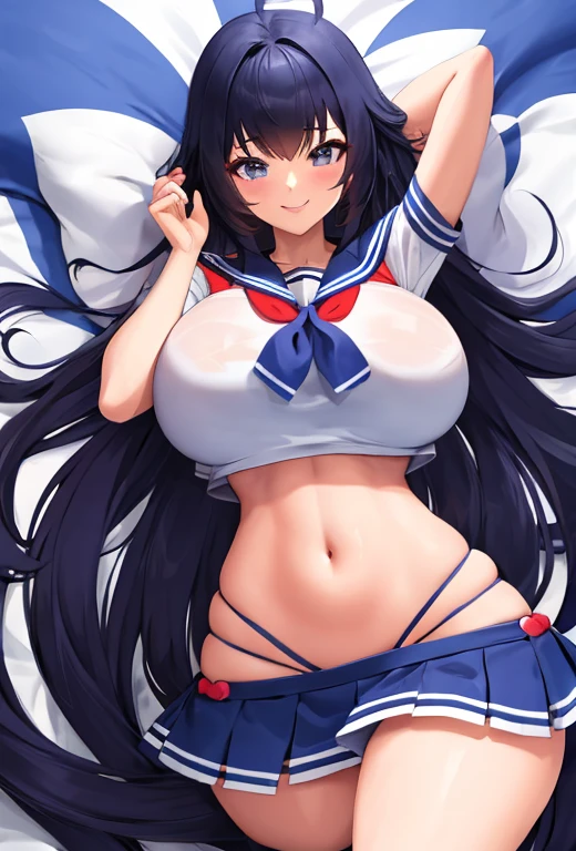 long hair,smile,bigbreast,wide hips,sailor school girl outfit,