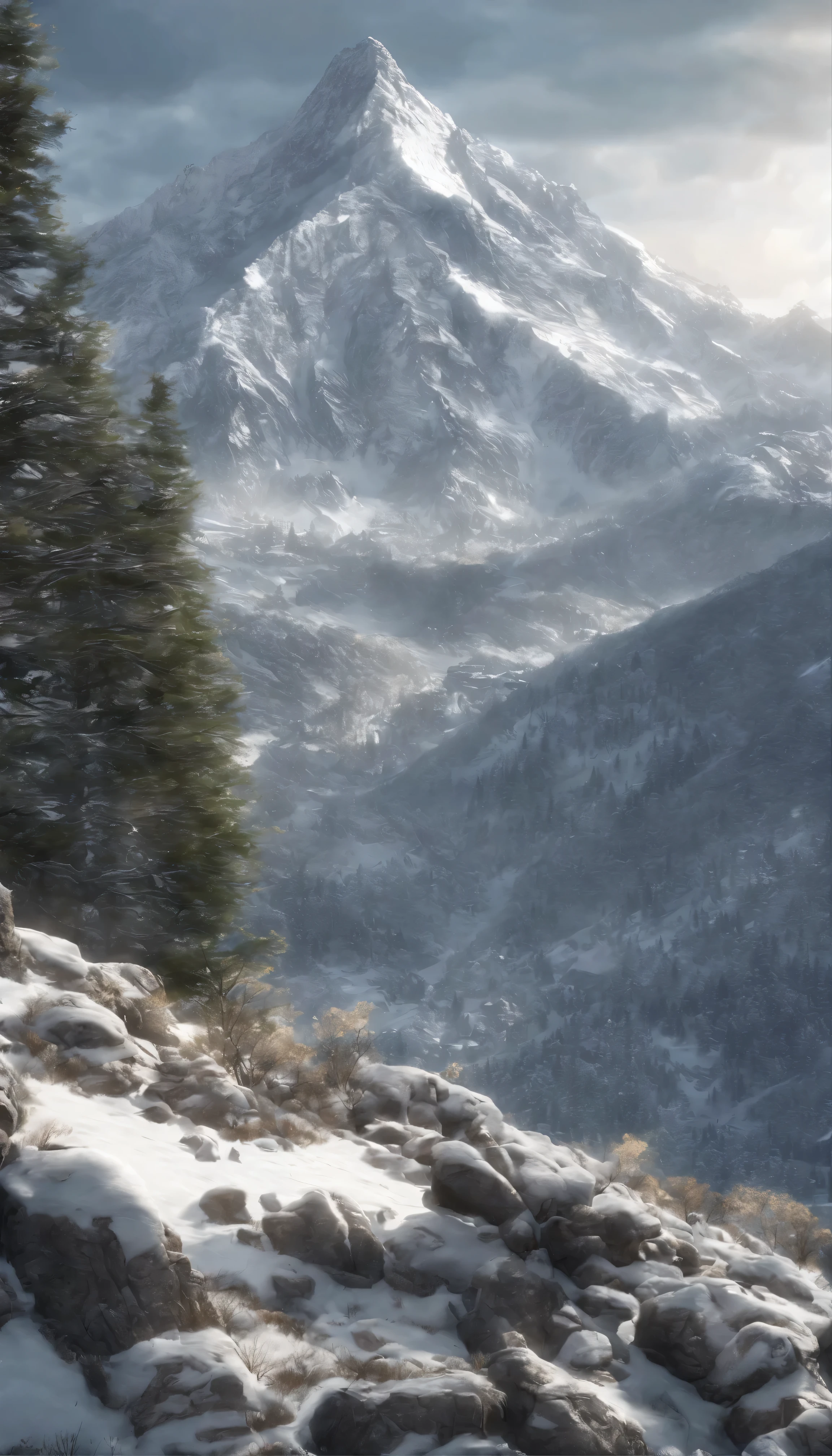 Majestic Mountain valley landscape decorated with pines gracefully nestled at the foot of the mountain peaks、It features snow-capped mountain peaks shining under the cinematic lights.。This highly detailed 8K scene is beautifully rendered in Octane.、Boasts intricate, highly detailed elements that create a hyper-realistic atmosphere。The landscape is illuminated with HDR lighting.、Realistic shadows are elegantly cast across the terrain.、Enhances depth and three-dimensionality。Mountain、snow、The intricate details of the bark are beautifully highlighted.、It produces photorealistic images that are nearly indistinguishable from reality.。This art piece is trending