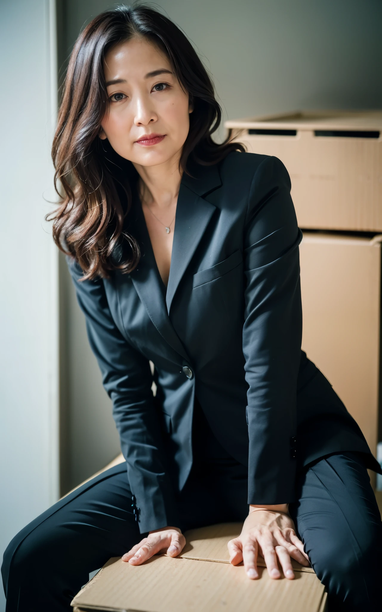 ((Best Quality, 8k, Masterpiece: 1.3)), Photorealistic, Sharp Focus, High Quality, High Definition, Portrait, Solo, Japan, Middle Aged Woman, Beauty, 43 years old, Plump, Wavy Hair, Business suit, Wrinkles at the corners of the eyes,  Open legs, Narrow backyard, Lots of boxes, Lots of files, Dark background