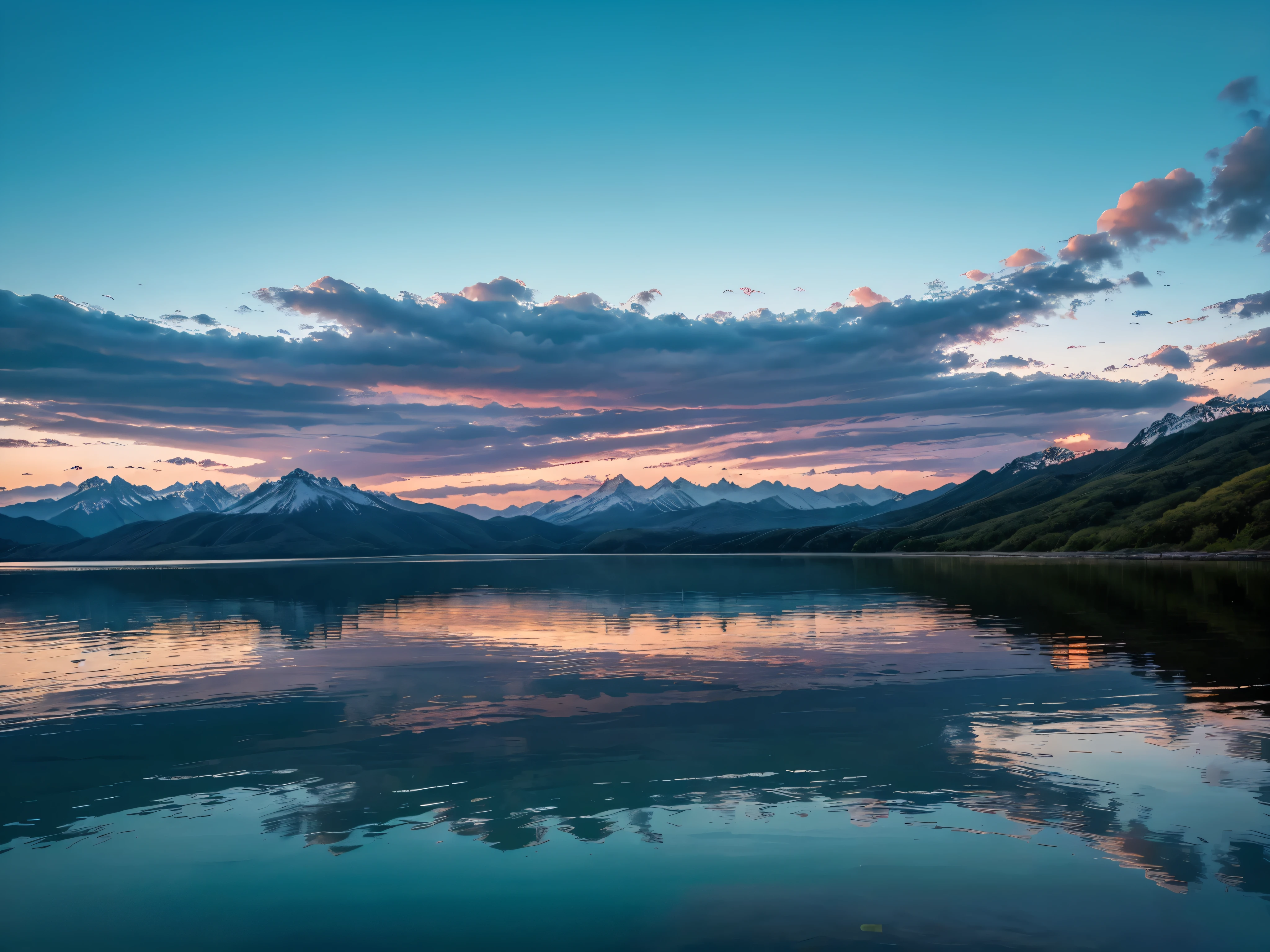 (Maximum quality image, master part), paisagem detalhada, Lago tranquilo (reflecting the vibrant sky at dusk),nuances de cores,quieto.