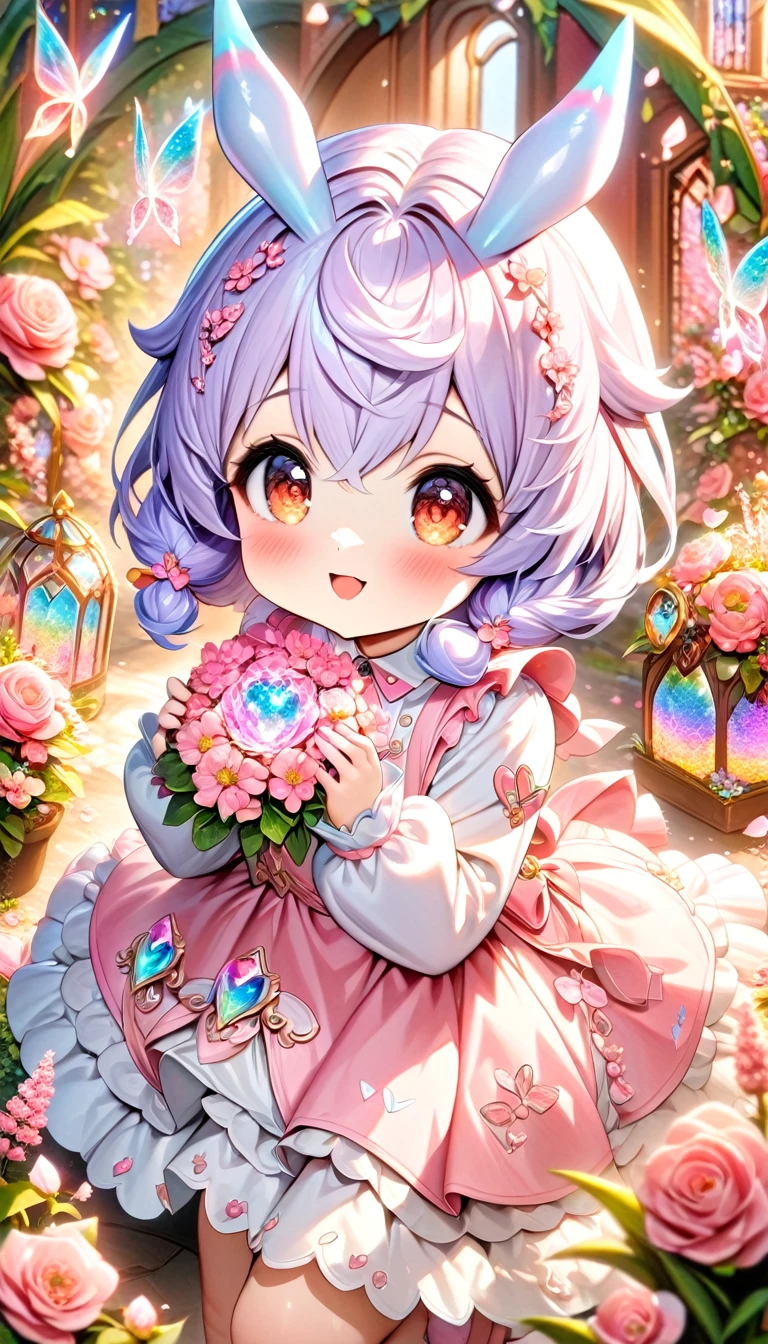 (absurdres, highres, ultra detailed, HDR) master piece, best quality, perfect face, Sigewinne, light-purple hair, expressive orange eyes, genshin impact, small girl, cute, happy, pink dress, pink flowers, glass pink petals, glass pink butterflies, glass garden, glass blossoms, everything made with glass, pink gemstones