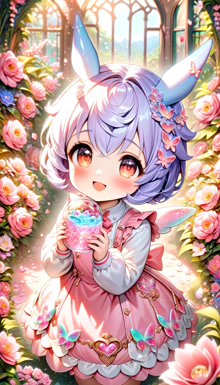 (absurdres, highres, ultra detailed, HDR) master piece, best quality, perfect face, Sigewinne, light-purple hair, expressive orange eyes, genshin impact, small girl, cute, happy, pink dress, pink flowers, glass pink petals, glass pink butterflies, glass garden, glass blossoms, everything made with glass, pink gemstones