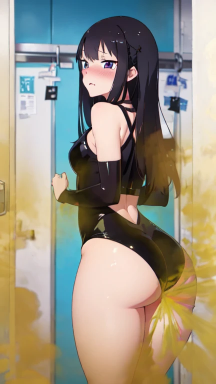 2 Asian girls, anime girls, both farting together side by side, desperate to poop, farting while standing, farting in public changing room, wearing leather bodysuit, stomach bloated, hands hugging stomach, pained expression, shocked and embarrassed, mouth open in shock, sweating, blushing, beautiful and cute face, anime art style, fit body, tall and thin, view from side, legs spread