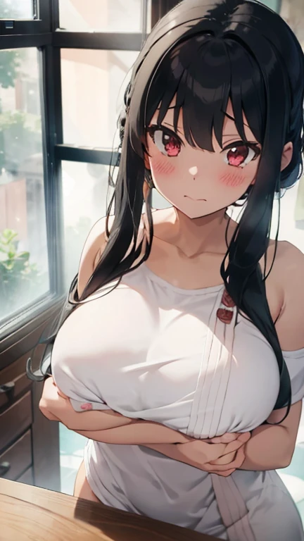 Yor Forger,Big Breasts,bath towel,Blushed expression,Mouth open,Head tilted at 25 degrees,Lying on the bed,
