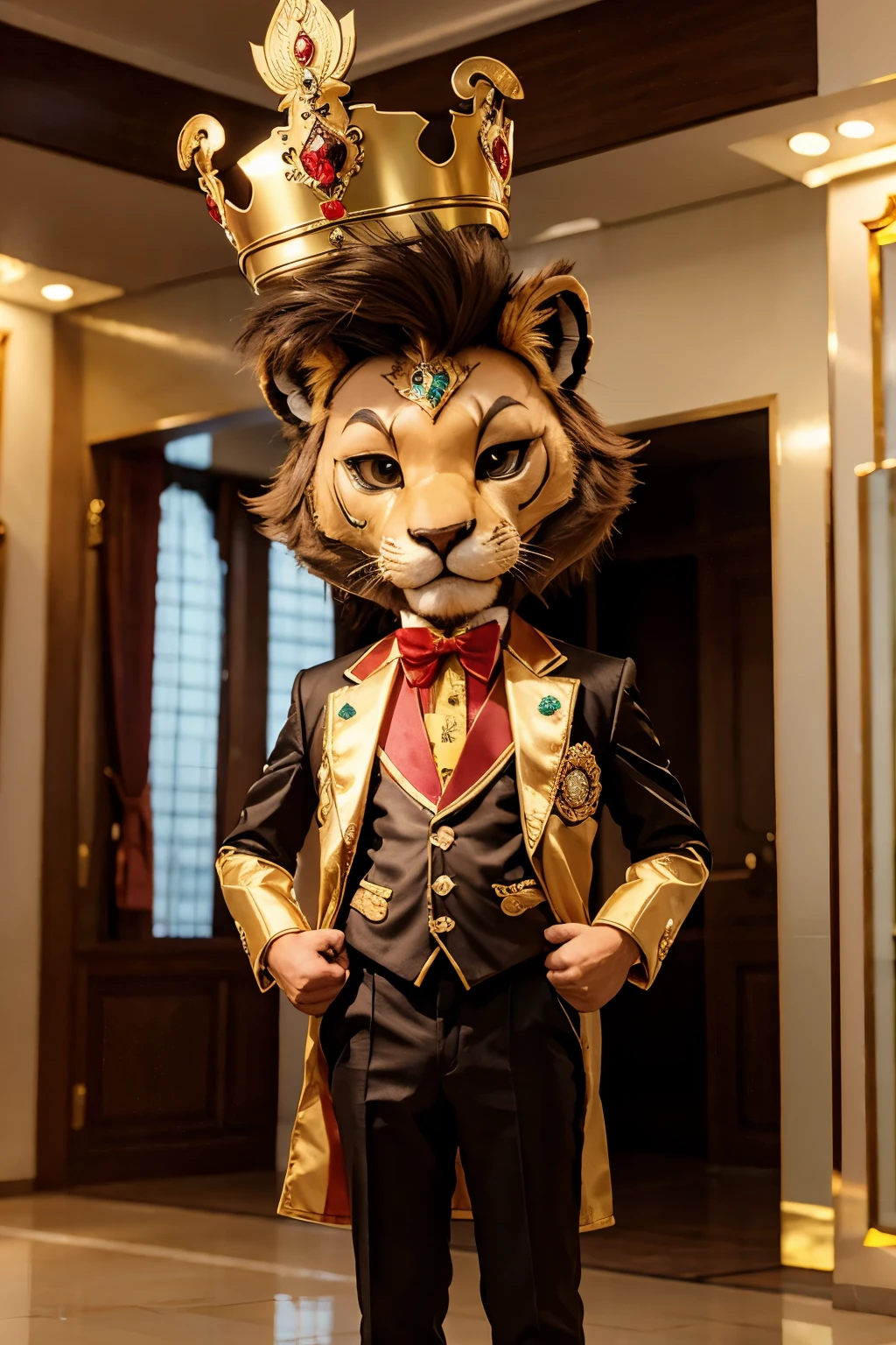 Mascot, myanmar chinthe lion, cute, 3d style, suit uniform, king elements, crown and jewellery, chinthe of myanmar,