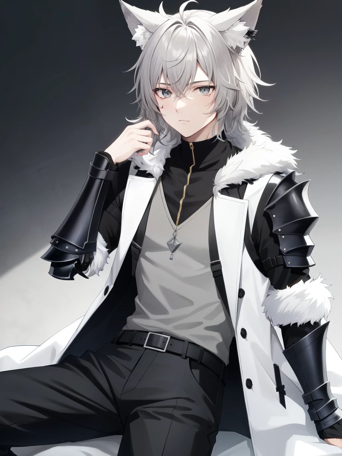 1boy, solo, grey hair, grey eyes, messy hair, medium hair, wolf ears, white_coat, black shirt, black pants, casual clothes, armored vest, elbow guard, wrist guard, distinguish marks