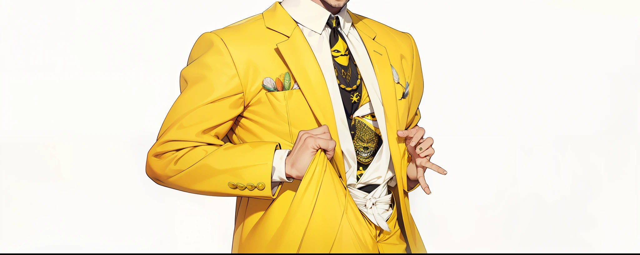 The Mask, Jim Carrey, sorriso largo, terno amarelo, chapeu amarelo, feather in hat, yellow pants, sapato preto, gravata preta com detalhes branco, extremamente realista, muito bonito, sorridente