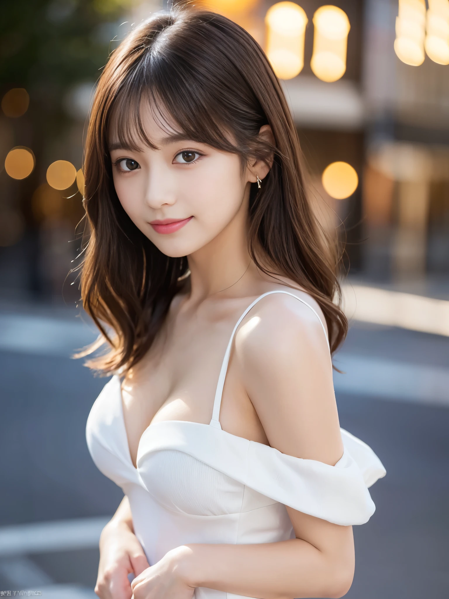 (Detailed skin:1.2),(Shiny skin:1.1),8k,highest quality, masterpiece, Ultra-high resolution,(Realistic:1.4), RAW Photos,(Soft Saturation:1.3),(Fair skin:1.2),Japanese Idols,repair,20 years, Brown Hair, Medium Hair, Asymmetrical Hair, Wavy Hair, Perfect Anatomy,
 (Pretty face:1.4), (Big Breasts, Tight waist), Beautiful lighting, Small Head,
(White or black mini dress:1.2,), Highly detailed face, Highly detailed lips, fine grain, double eyelid,, ((Full Body Shot)), Sharp focus: 1.2, Beautiful woman with perfect figure: 1.2、Random Pause，Accentuate the lines of your legs、smile、