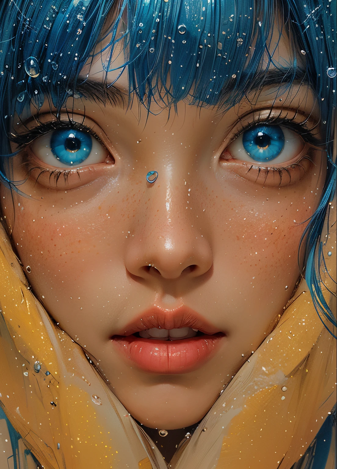 realistic closeup, illustration of a girl with blue hair, art print, in the style of dark yellow and light azure, water drops, bold manga lines, the stars art group (xing xing), i can't believe how beautiful this is, dark yellow and orange, hyper-detailed --ar 71:98 --stylize 750 --v 6